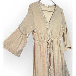 Indigo Rose Dress Women's L Beige Boho Bell Sleeve Lace Trim Tie Waist Neutral